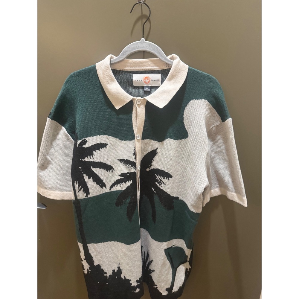 Free Planet Mens Emerald Palm Tree Knit Button Down Shirt FV9W69EMR M